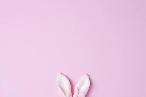 Bunny ears on pink background. Flat lay, copy space beautiful Stock Photos