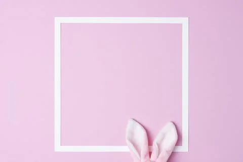 Bunny ears with white frame on pink background. Flat lay, copy space beautifu Stock Photos