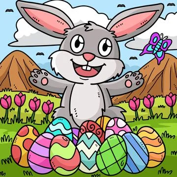 Bunny with Easter Egg Colored Cartoon Illustration Ilustración de archivo