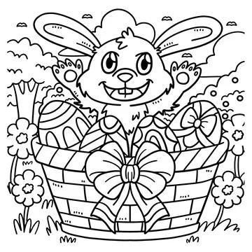Bunny Easter Eggs in the Basket Coloring Page Stock Illustration