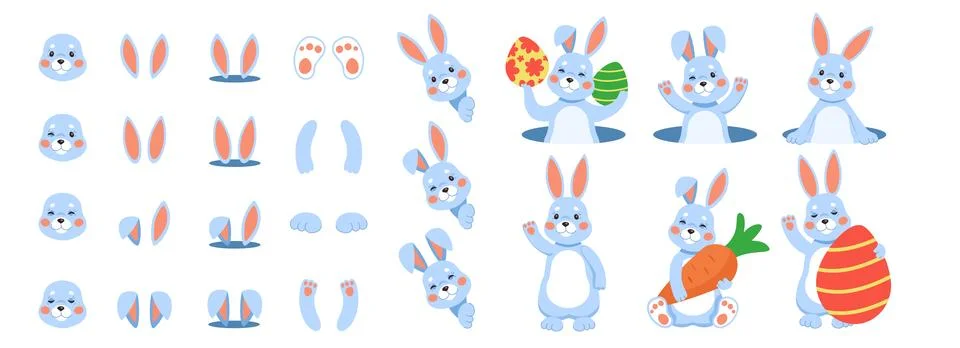 Bunny. Easter rabbit. Cartoon icon for animated. Animal face assembly kit. .. Stock Illustration