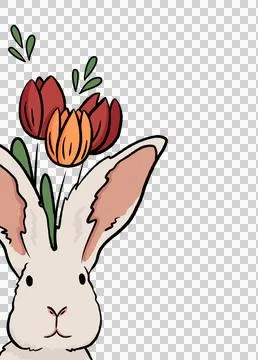 Bunny easter rabbit with tulips. isolate on a transparent background.  easter, s Stock Illustration