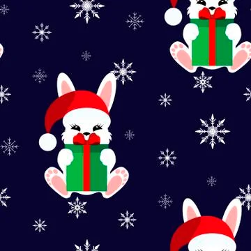 Bunny with a gift in a Christmas cap. Vector illustration. Seamless pattern Stock Illustration