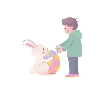 Bunny Giving an Easter Egg to a Boy, Cute Spring vector Illustration Illustrazione stock