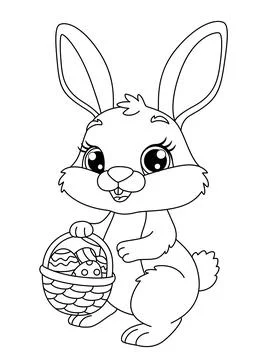Bunny holding basket with Easter eggs. Black and white illustration Stock Illustration