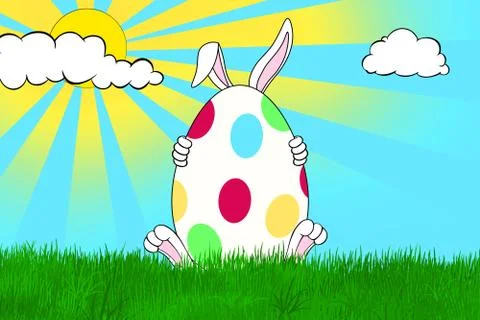 Bunny holding Easter egg decorated with colorful dots in grass field Stock Illustration