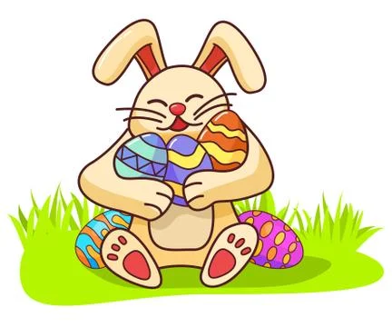 Bunny holding easter eggs.Happy rabbit .Isolated on white background. Stock Illustration