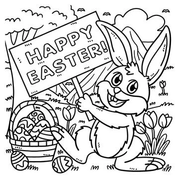 Bunny Holding Happy Easter Coloring Page for Kids Stock Illustration