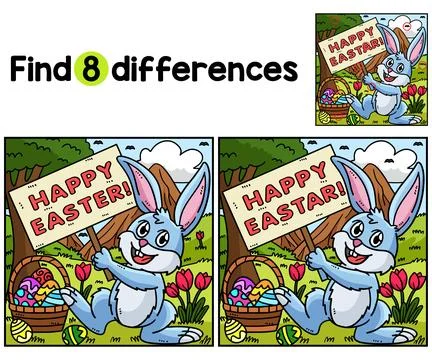 Bunny Holding Happy Easter Find The Differences Stock Illustration