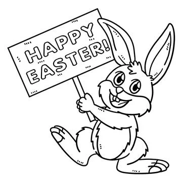 Bunny Holding Happy Easter Isolated Coloring Page Illustrazione stock