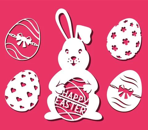 Bunny holds Easter Egg. Easter bunny for laser cutting on red background. Icons Stock Illustration