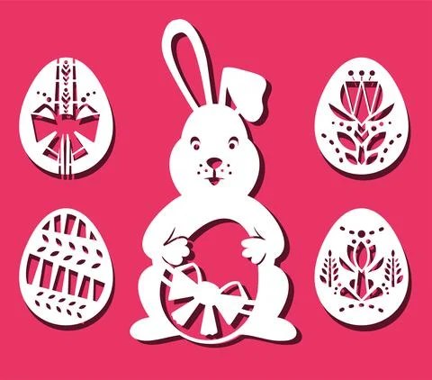Bunny holds Easter Egg. Easter bunny for laser cutting on red background. Icons Illustrazione stock