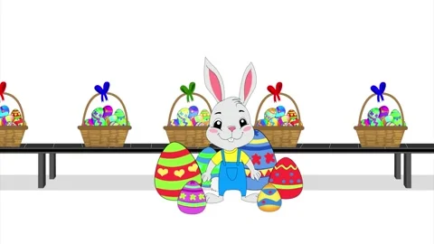 Bunny hops around colored eggs with Easter baskets on factory conveyor belt Stock Footage 268759928