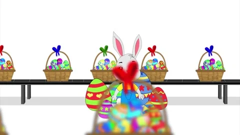 Bunny hops around coloured eggs with Easter baskets on conveyor belt Stock Footage 268761703