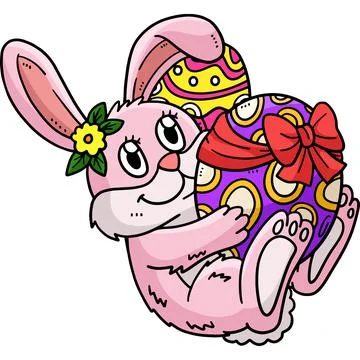 Bunny Hugging Easter Egg Cartoon Colored Clipart Stock Illustration