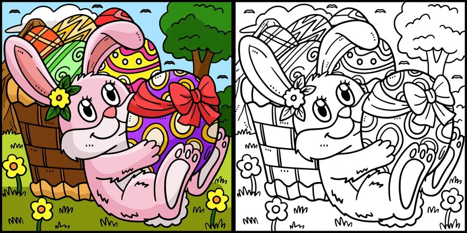 Bunny Hugging Easter Egg Coloring Illustration Stock Illustration