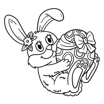 Bunny Hugging Easter Egg Isolated Coloring Page 스톡 일러스트