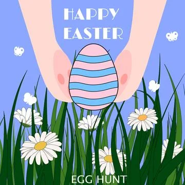 Bunny hunting Easter egg. Happy Easter poster, spring meadow, grass Illustrazione stock