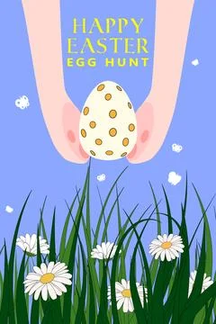 Bunny hunting Easter egg. Happy Easter poster, spring meadow, grass 库存插图