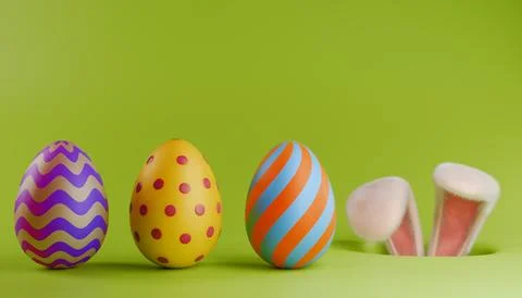 Bunny hunts for painted Easter eggs. 스톡 일러스트