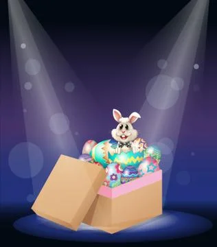 A bunny inside a box full of easter eggs 스톡 일러스트