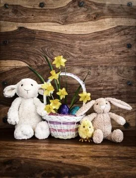 Bunny, Lamb and chick with Easter Basket - Rustic Stock Photos