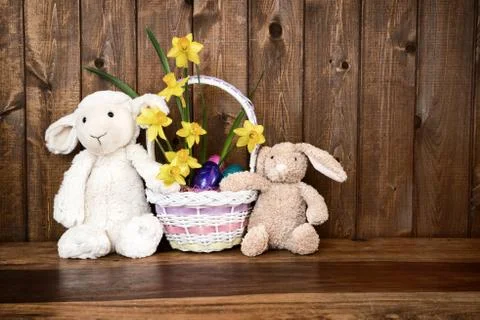 Bunny, Lamb and chick with Easter Basket - Rustic Stock Photos