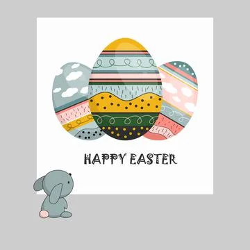 Bunny Looks at Easter Card. Three Colorful Eggs With Phrase HAPPY EASTER Illustrazione stock