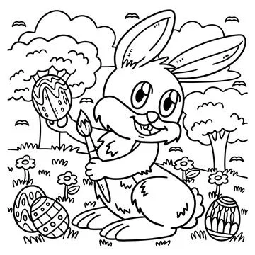 Bunny Painting Easter Egg Coloring Page for Kids Stock Illustration