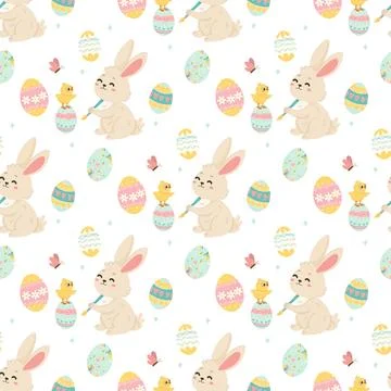 Bunny Painting Easter Eggs, Cute Seamless Pattern for Holiday Wrapping and .. Stockillustratie