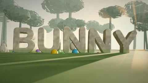 Bunny Pale Stone Letters on a Spring Meadow at Sunrise with Painted Eggs and Stock Footage 342367386