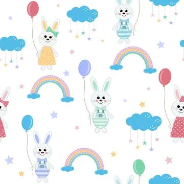 Bunny pattern with balloons among clouds with rainbows, color vector illustra 스톡 일러스트