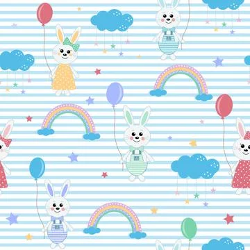 Bunny pattern with balloons among clouds with rainbows Stock Illustration