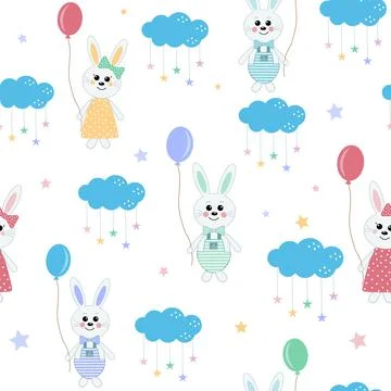 Bunny pattern with balloons among the clouds, color vector illustration Stockillustratie