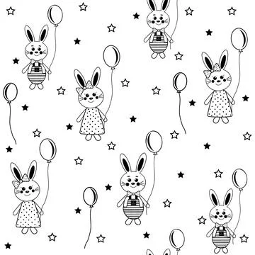 Bunny pattern with balloons, black outline, vector illustration Stock Illustration