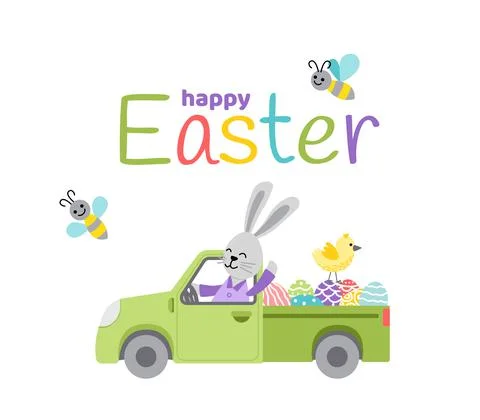 Bunny on pickup with Easter eggs and chick. Happy Easter card. Flat, cartoon Stock Illustration