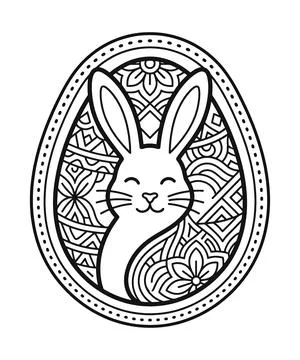 Bunny portrait with patterned egg for coloring pages and cards Stock Illustration
