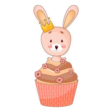 Bunny princess, rabbit with bow sit on cupcake. Stock Illustration
