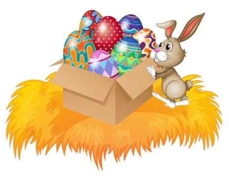 A bunny pushing a box full of easter eggs 스톡 일러스트