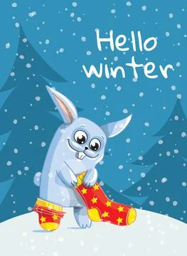 The Bunny puts red socks on. Hello winter Stock Illustration