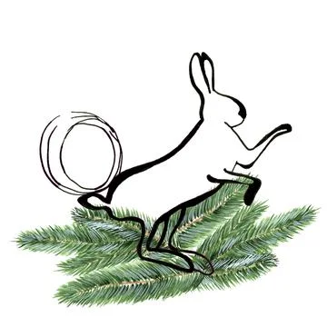 Bunny rabbit in continuous line art drawing style with christmas pine wreath Stock Illustration