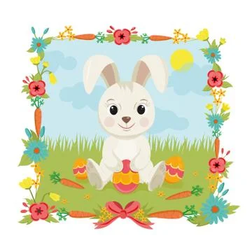Bunny rabbit with Easter egg full of decorated flowers and carrot frame Stock Illustration