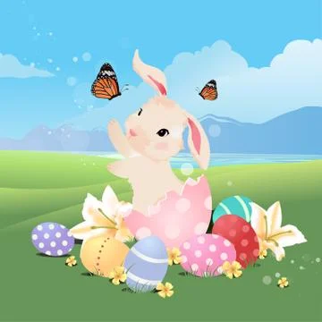 Bunny rabbit in the egg playing with butterfly. Ilustración de archivo