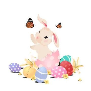 Bunny rabbit in the egg playing with butterfly. Ilustración de archivo