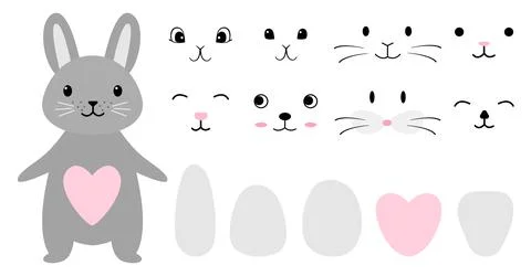 Bunny rabbit gray easter cute cartoon kit set Stock Illustration