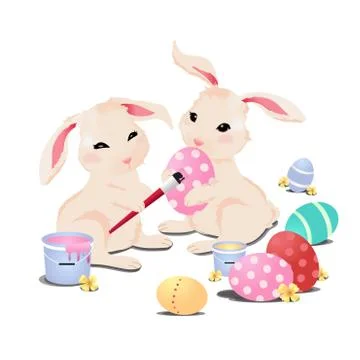 Bunny rabbit painting easter eggs, isolated Ilustración de archivo