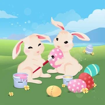 Bunny rabbit painting easter eggs Ilustración de archivo