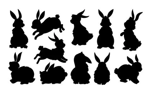 Bunny rabbit silhouette. Jump easter black shadow animal, cute wild spring me Stock Illustration