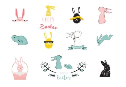 Bunny, rabbits, cute characters set, for Easter, kids and baby t-shirts and Stock Illustration
