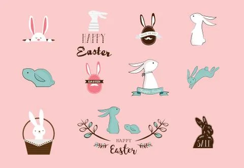 Bunny, rabbits, cute characters set, for Easter, kids and baby t-shirts and Stock Illustration